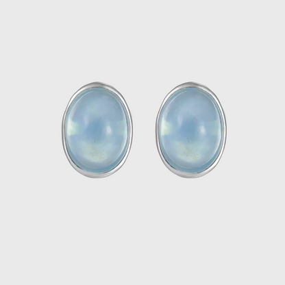 Ice Blue Aquamarine Silver Studs Oval Bezel Set Unisex Jewelry
