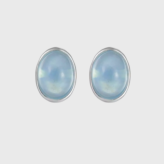 Ice Blue Aquamarine Silver Studs Oval Bezel Set Unisex Jewelry