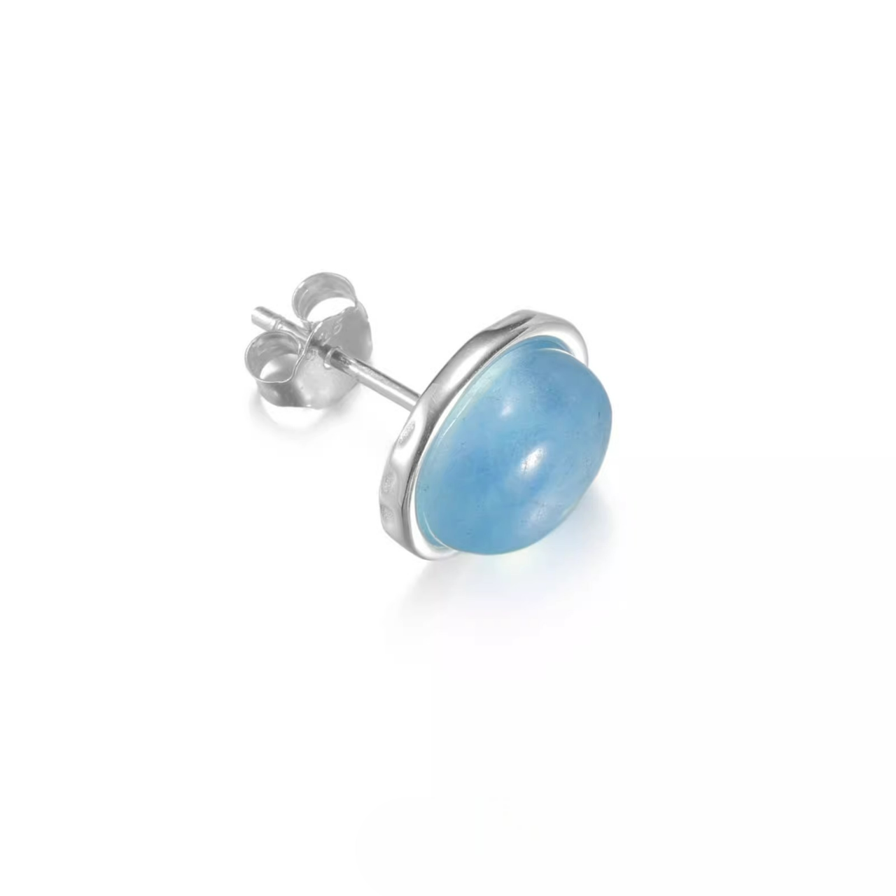 Ice Blue Aquamarine Silver Studs Oval Bezel Set Unisex Jewelry