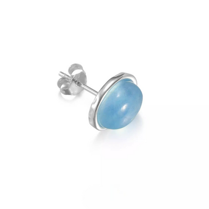 Ice Blue Aquamarine Silver Studs Oval Bezel Set Unisex Jewelry
