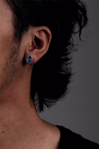 Ice Blue Aquamarine Silver Studs Oval Bezel Set Unisex Jewelry