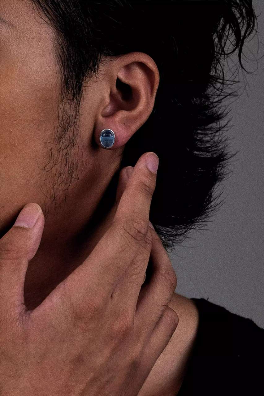 Ice Blue Aquamarine Silver Studs Oval Bezel Set Unisex Jewelry