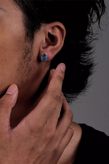 Ice Blue Aquamarine Silver Studs Oval Bezel Set Unisex Jewelry