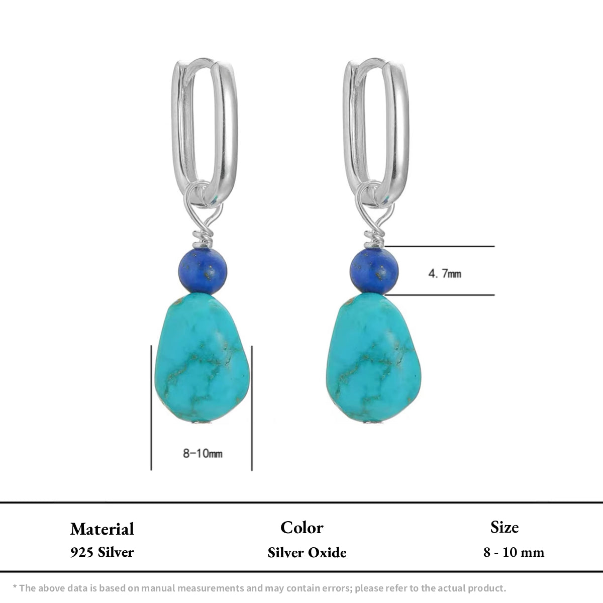 Silver geo hoop earrings with blue lapis lazuli and raw turquoise drops.