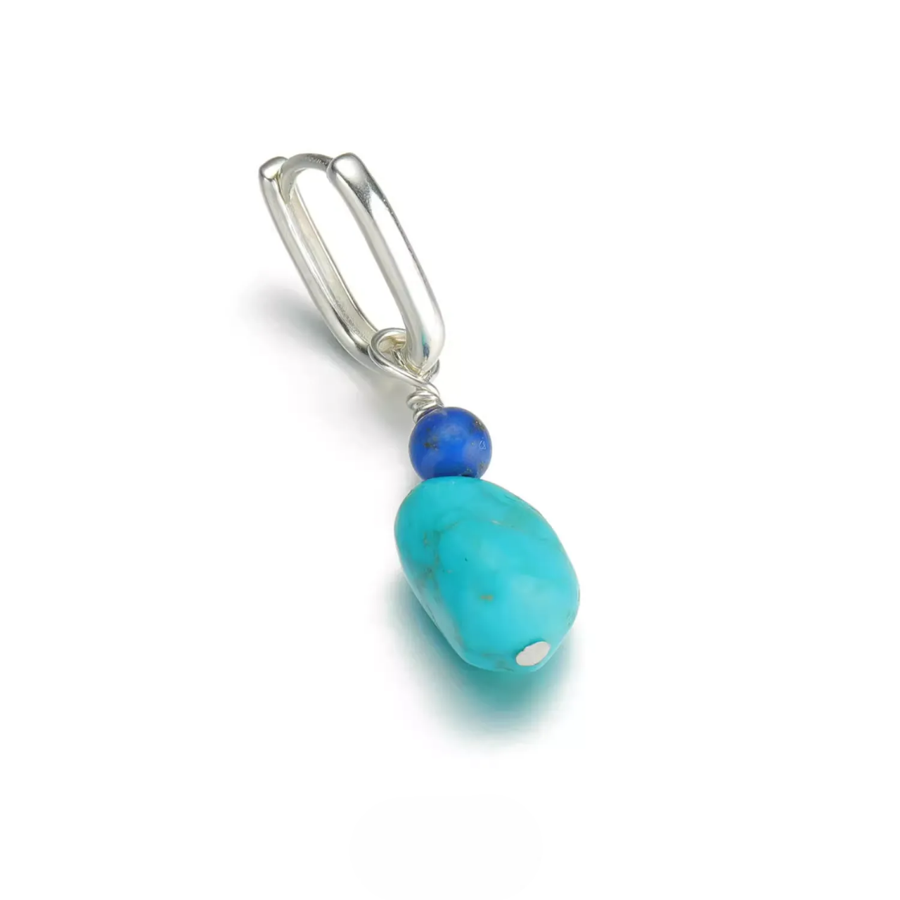 Silver geometric hoop earring with a dark blue lapis and light blue turquoise drop.