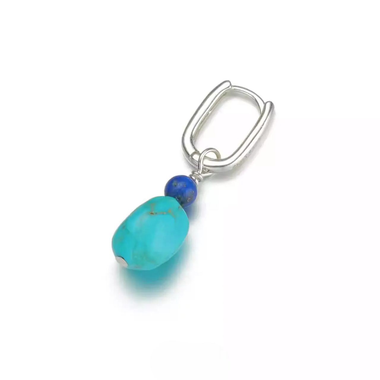 Single silver geo hoop earring with dark blue lapis and turquoise drop.
