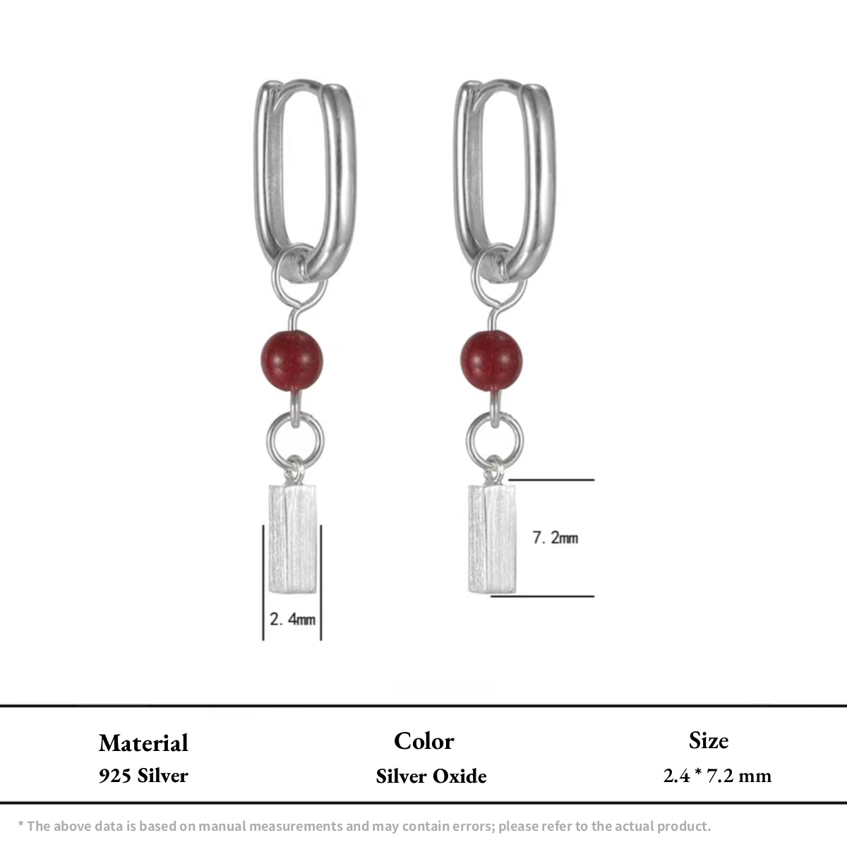 Minimalist Cinnabar Dangle Earrings S925 Silver Geo Leverback Hoops featuring red cinnabar bead and silver oxide rectangular charm