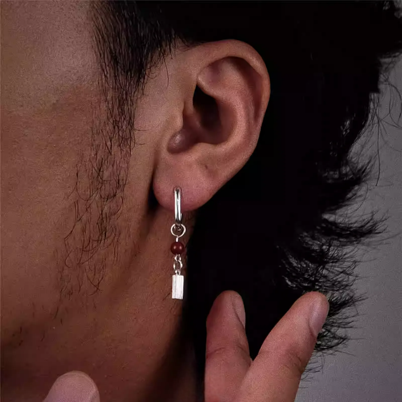 Minimalist Cinnabar Dangle Earrings S925 Silver Geo Leverback Hoops with red cinnabar bead and silver geometric charm on ear
