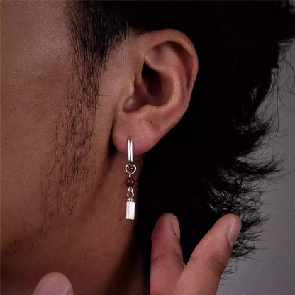 Minimalist Cinnabar Dangle Earrings S925 Silver Geo Leverback Hoops with red cinnabar bead and silver geometric charm on ear