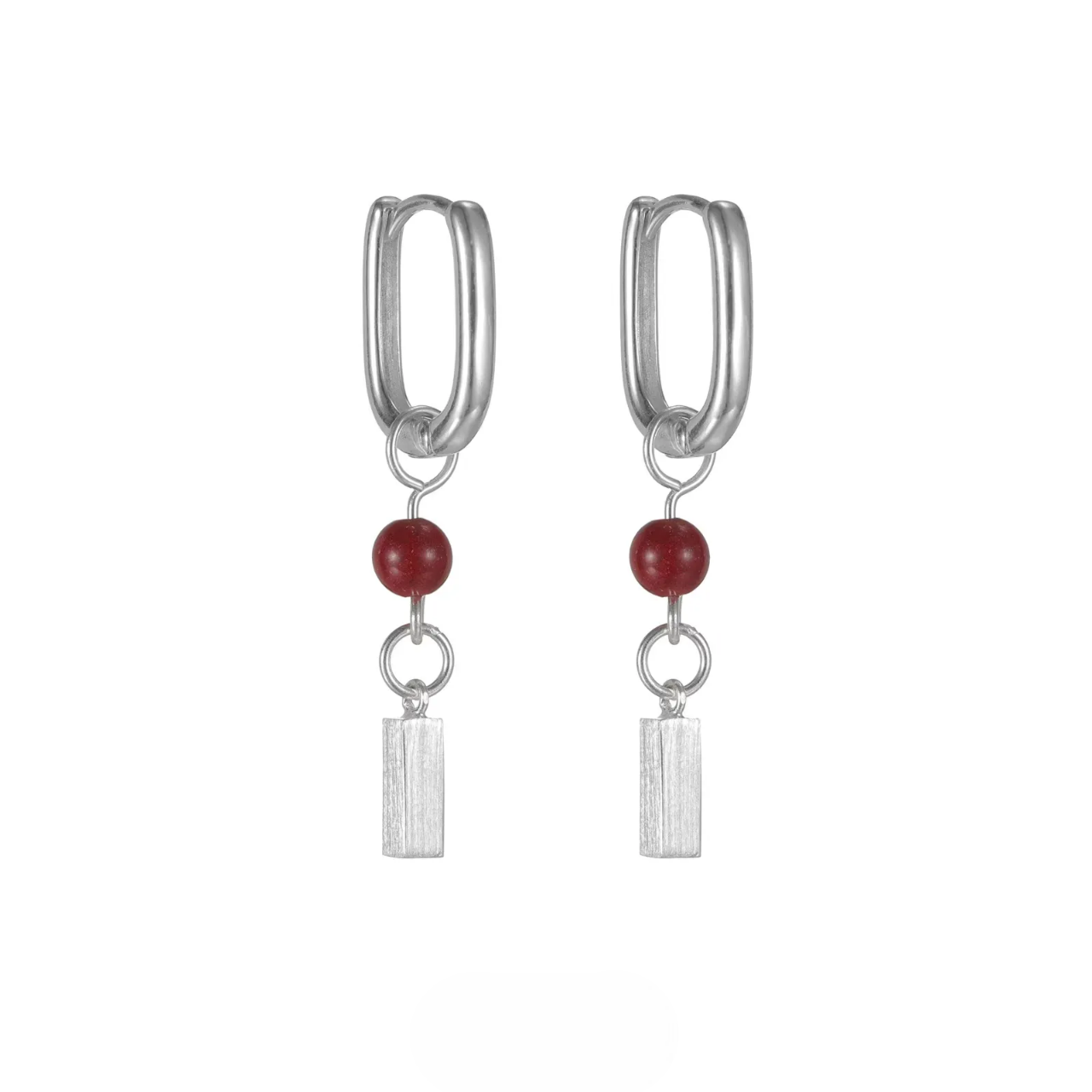 Minimalist Cinnabar Dangle Earrings S925 Silver Geo Leverback Hoops with red stone bead and textured silver bar charm