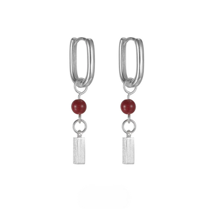 Minimalist Cinnabar Dangle Earrings S925 Silver Geo Leverback Hoops with red stone bead and textured silver bar charm