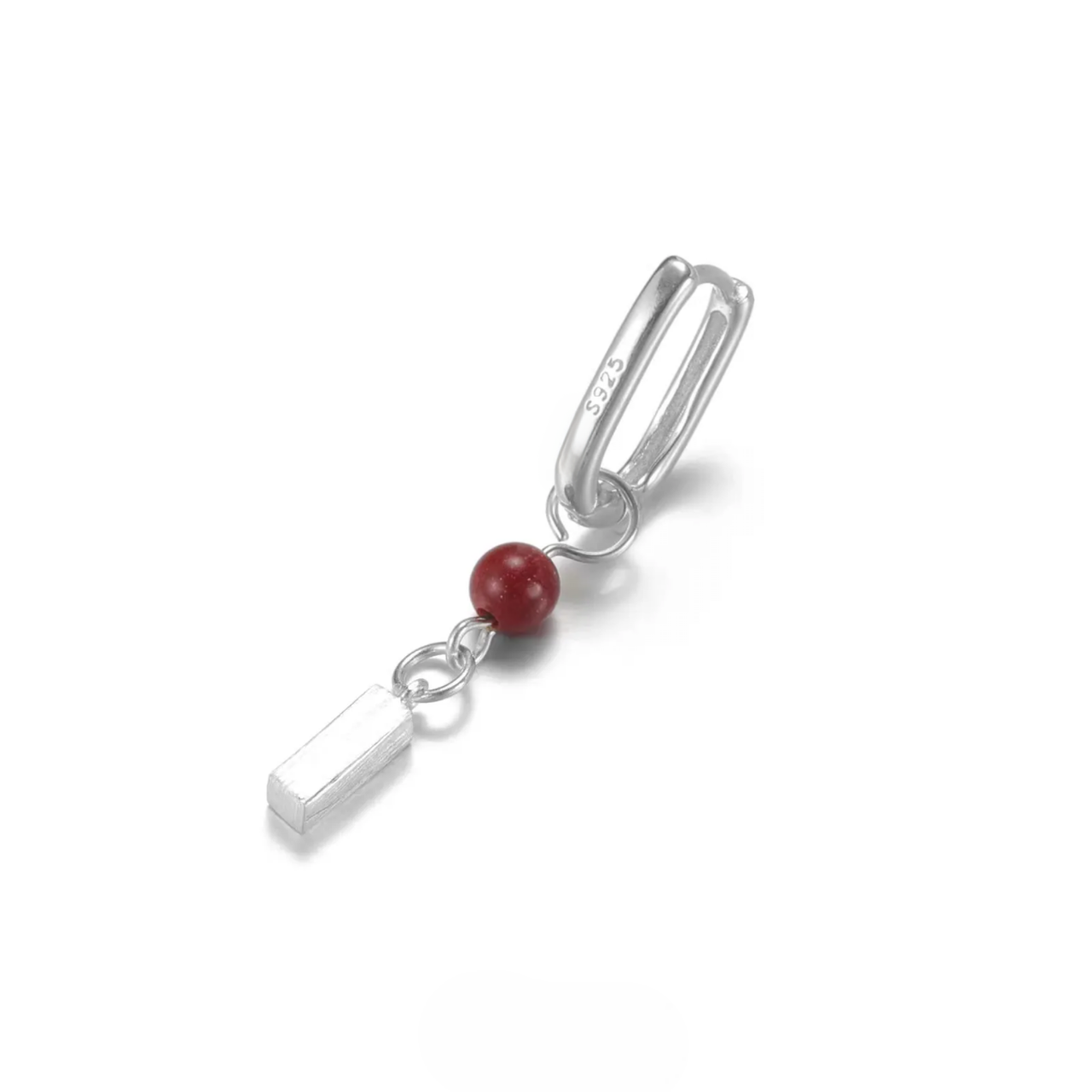 Minimalist Cinnabar Dangle Earrings S925 Silver Geo Leverback Hoops featuring red cinnabar bead and silver bar charm on sleek hoop