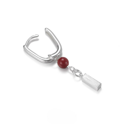 Minimalist Cinnabar Dangle Earrings S925 Silver Geo Leverback Hoops with red cinnabar bead and silver rectangular charm
