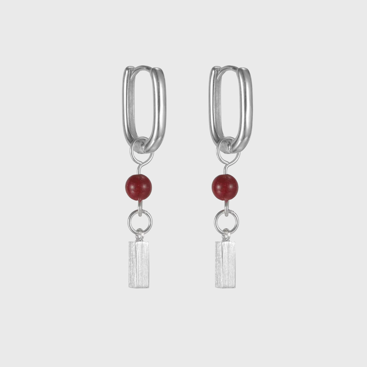 Minimalist Cinnabar Dangle Earrings S925 Silver Geo Leverback Hoops with red cinnabar bead and silver bar charm