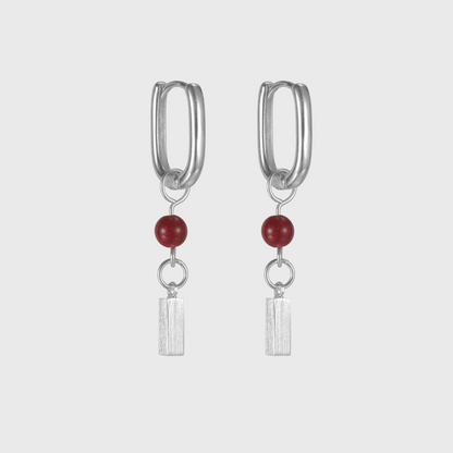 Minimalist Cinnabar Dangle Earrings S925 Silver Geo Leverback Hoops with red cinnabar bead and silver bar charm