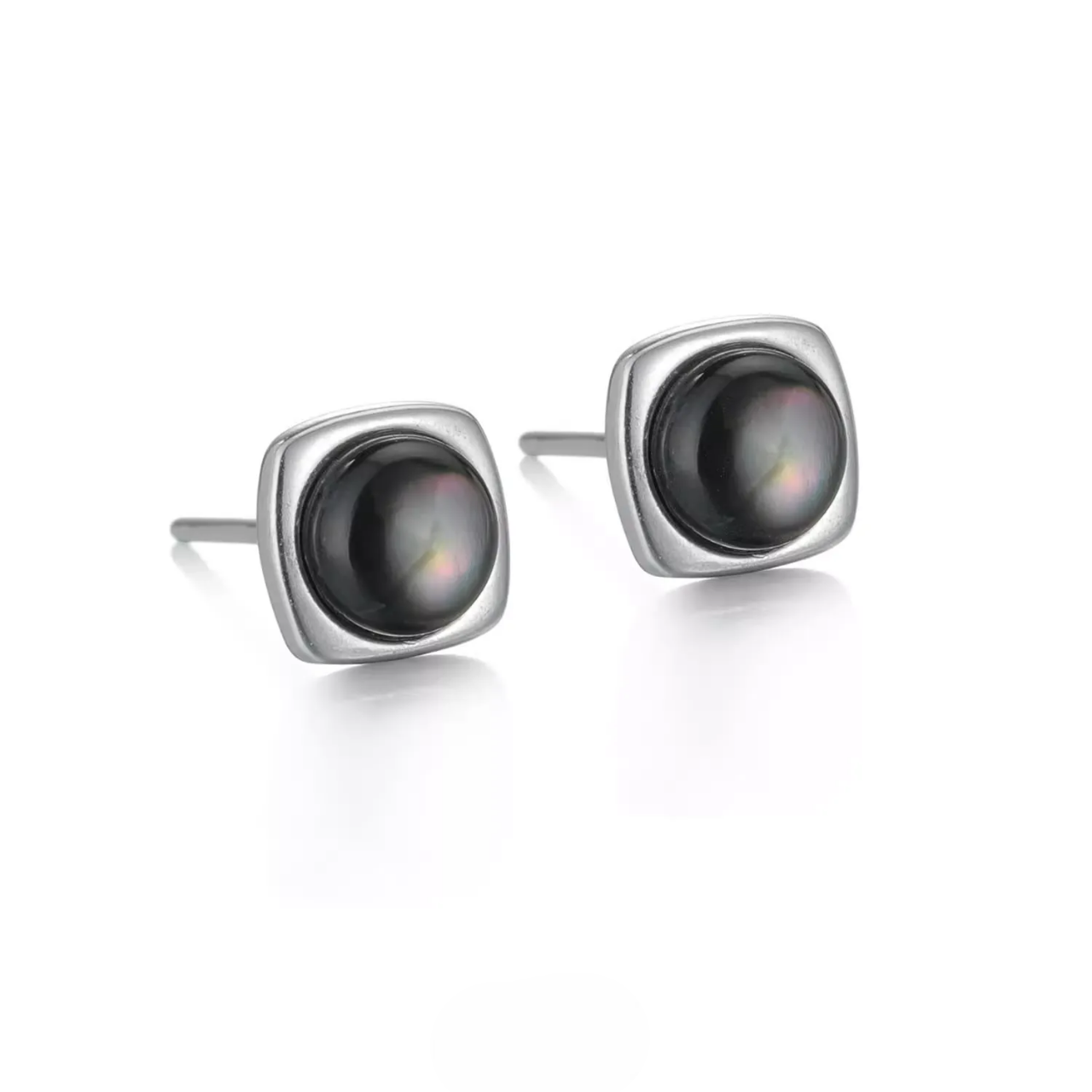 Natural Black Shell 925 Silver Studs Elegant Cushion Square Unisex