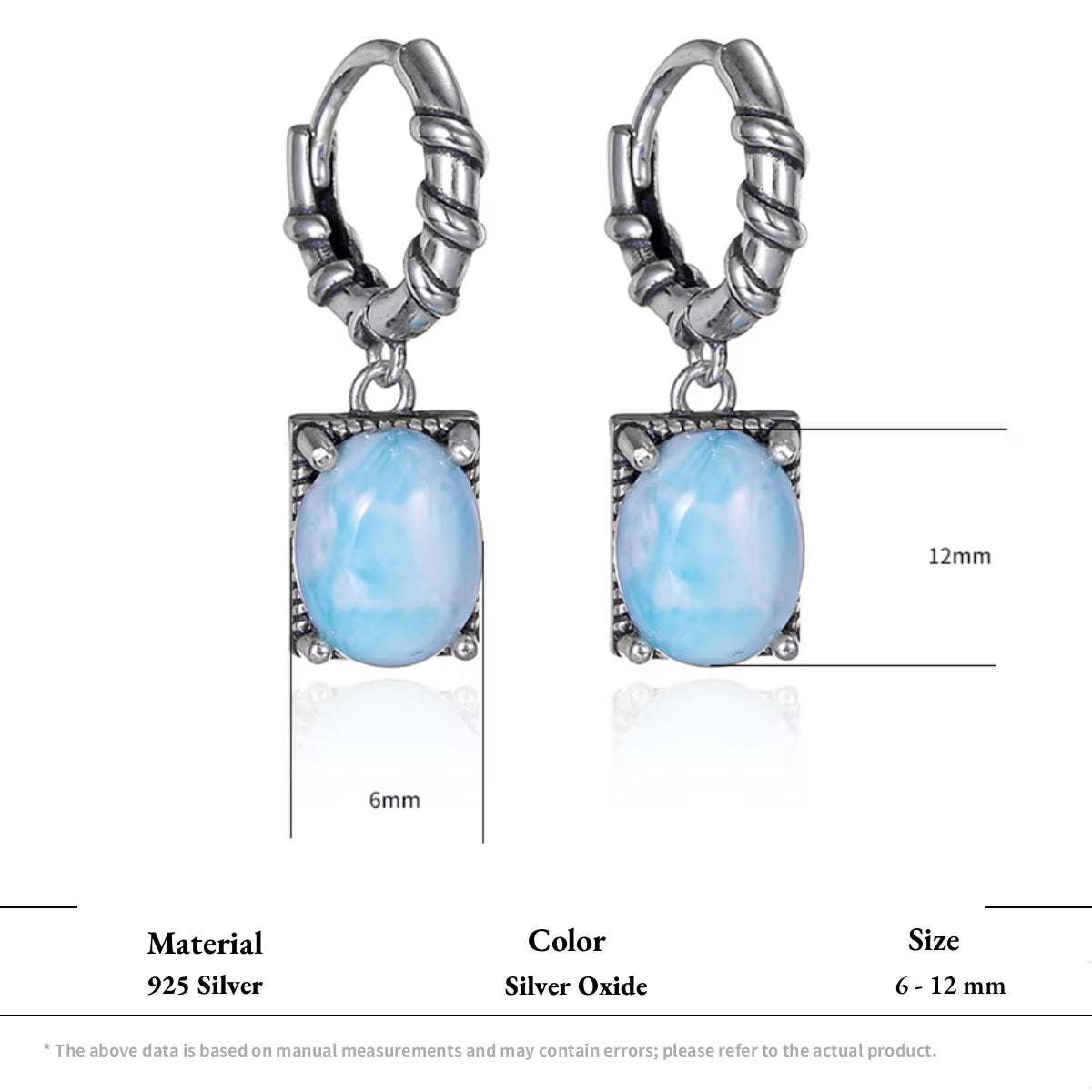 Two oxidized silver hoop earrings with light blue oval larimar drop stones.