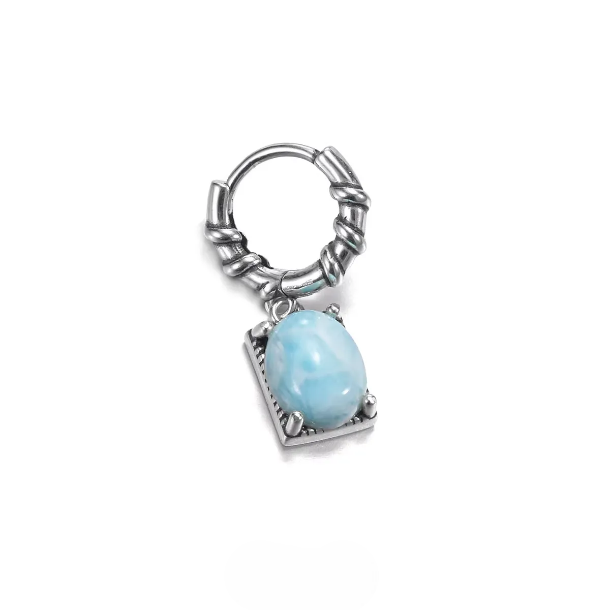 Textured silver huggie earring with an oval larimar stone pendant.