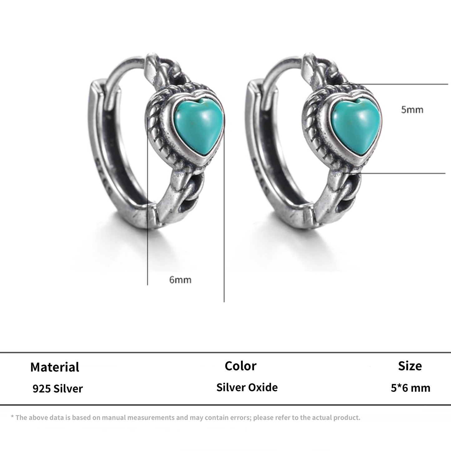 Natural Turquoise Heart Huggie Earrings 925 Silver Retro Artisan
