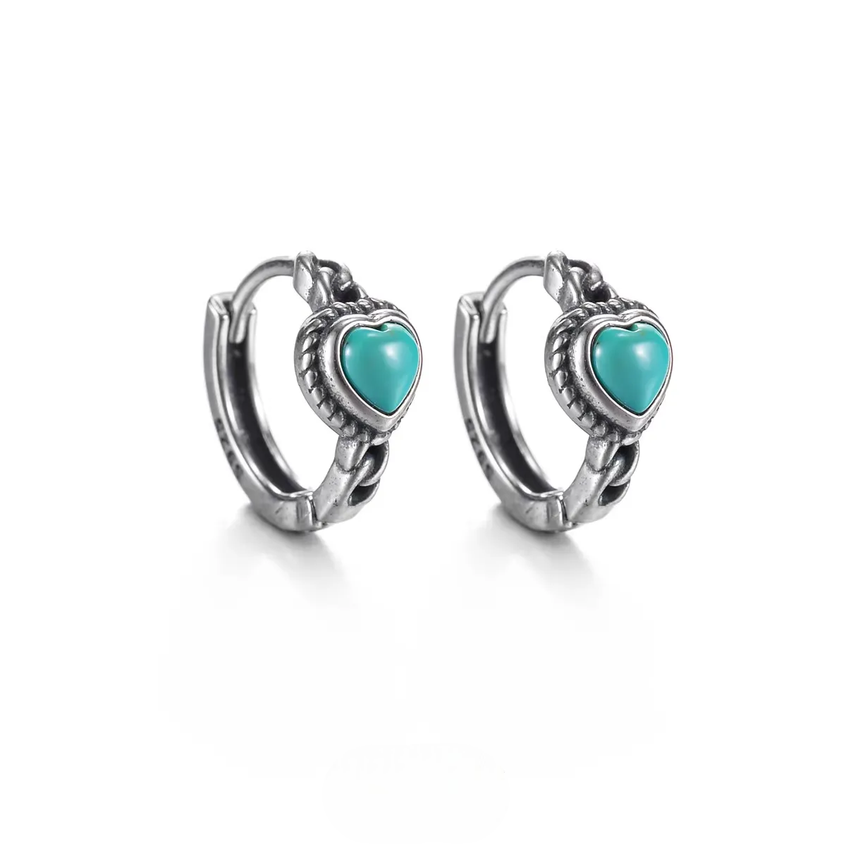 Natural Turquoise Heart Huggie Earrings 925 Silver Retro Artisan