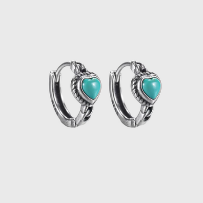 Natural Turquoise Heart Huggie Earrings 925 Silver Retro Artisan