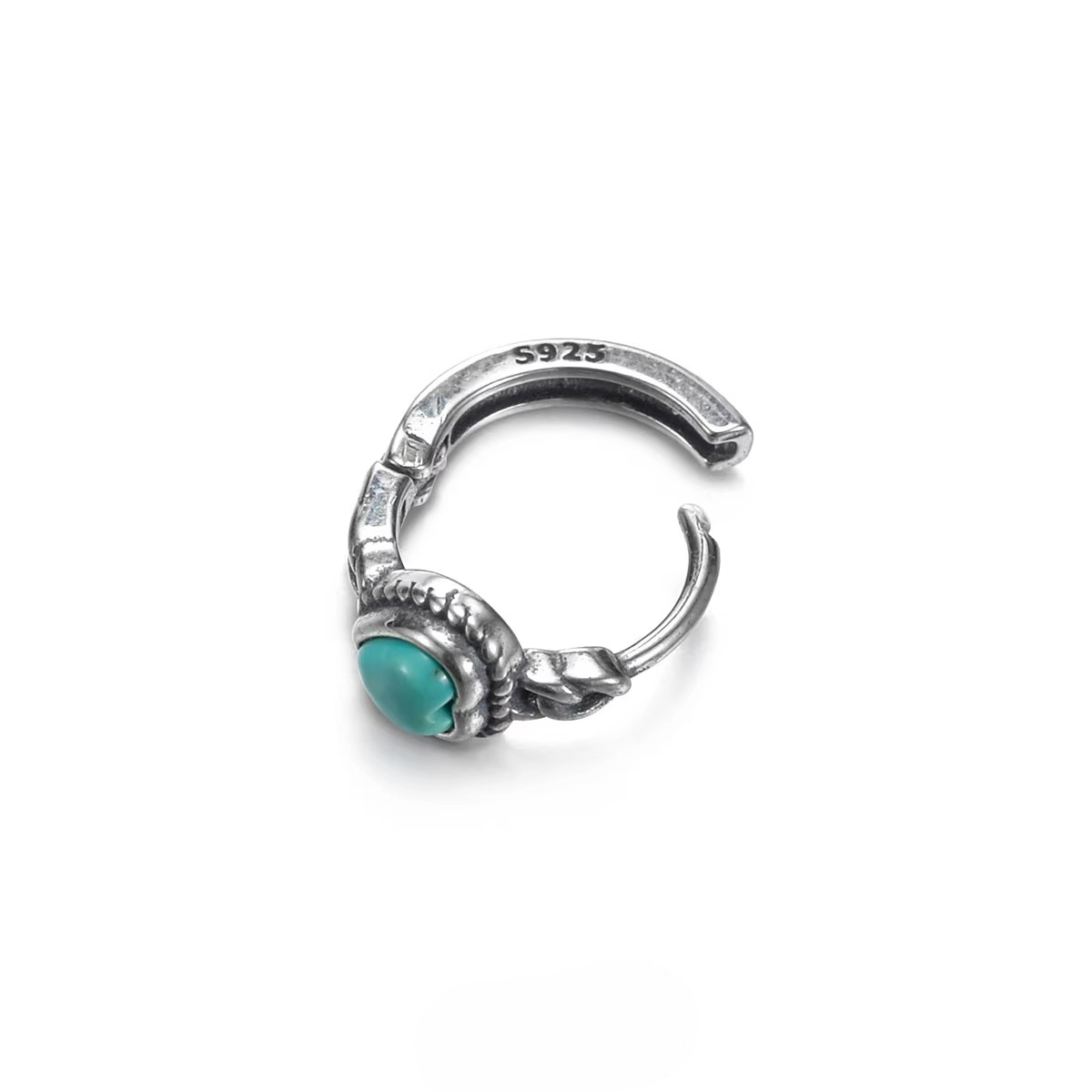 Natural Turquoise Heart Huggie Earrings 925 Silver Retro Artisan