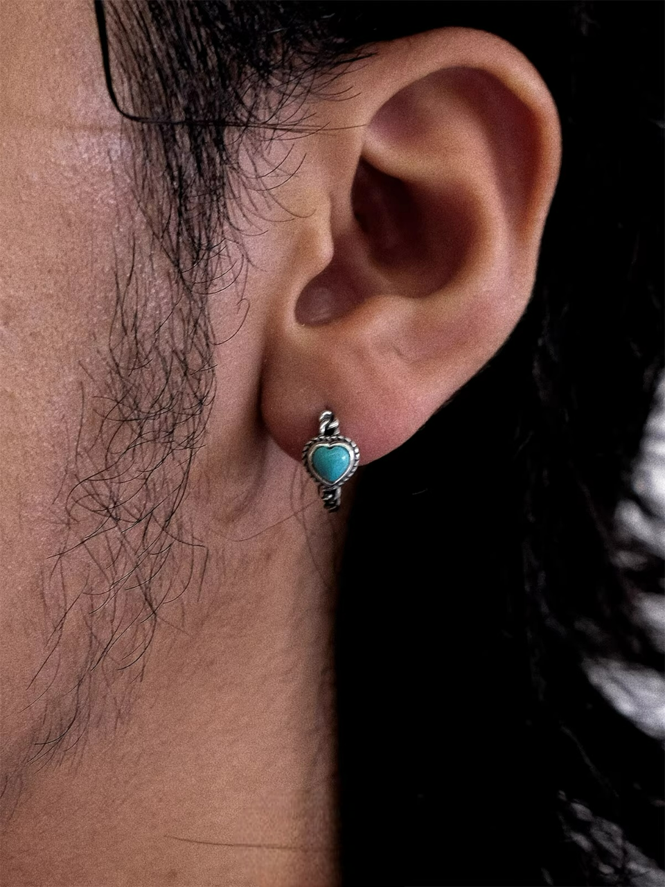 Natural Turquoise Heart Huggie Earrings 925 Silver Retro Artisan