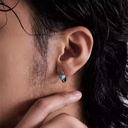 Natural Turquoise Heart Huggie Earrings 925 Silver Retro Artisan