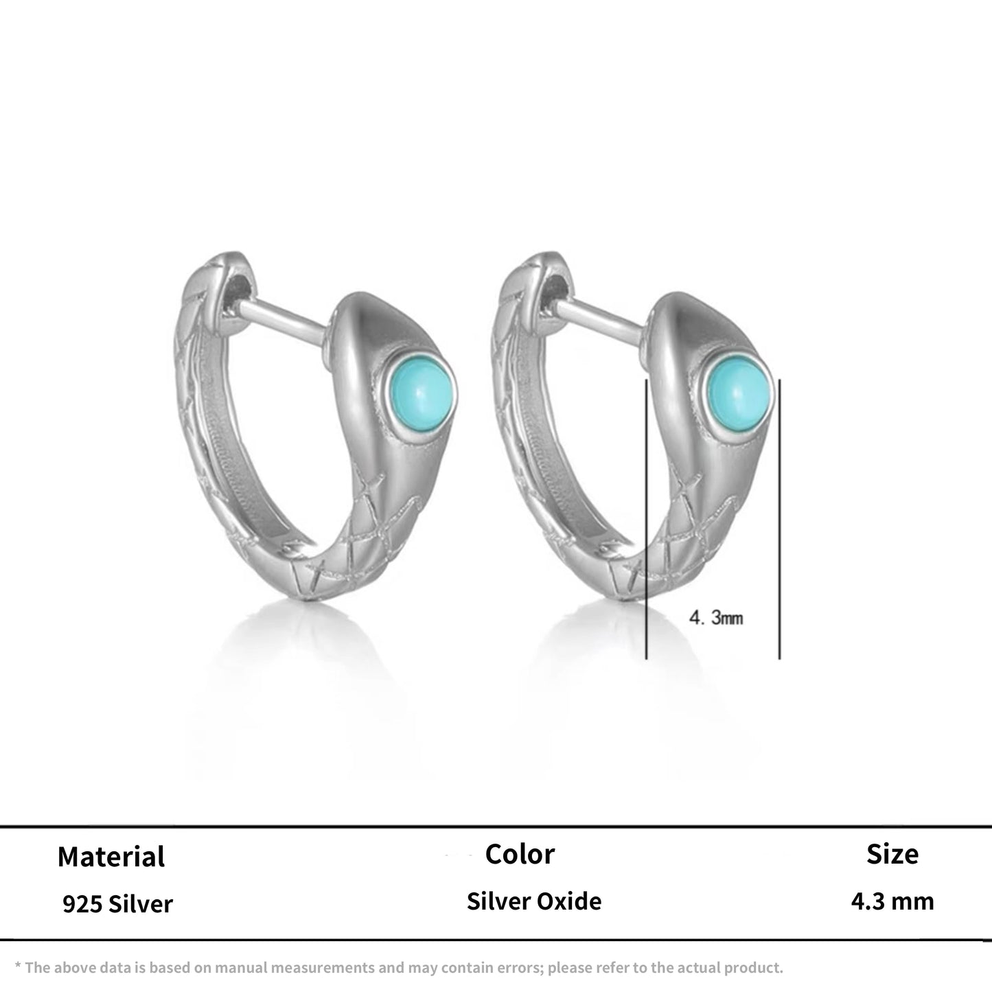 Natural Turquoise Serpent Earrings 925 Sterling Silver Snake Huggies