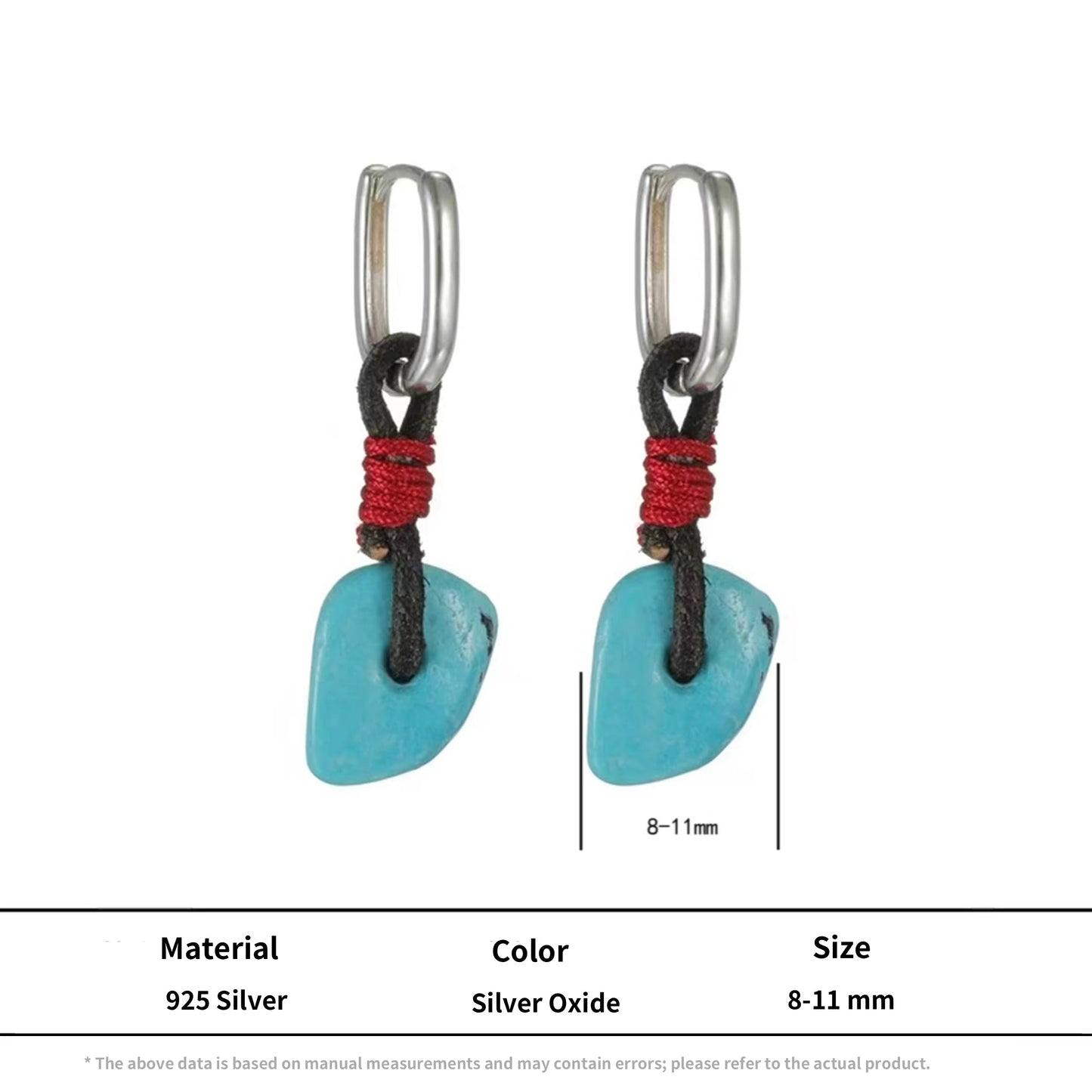 Natural Turquoise Slab Rope Earrings 925 Silver Rectangular Hoop