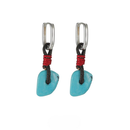 Natural Turquoise Slab Rope Earrings 925 Silver Rectangular Hoop
