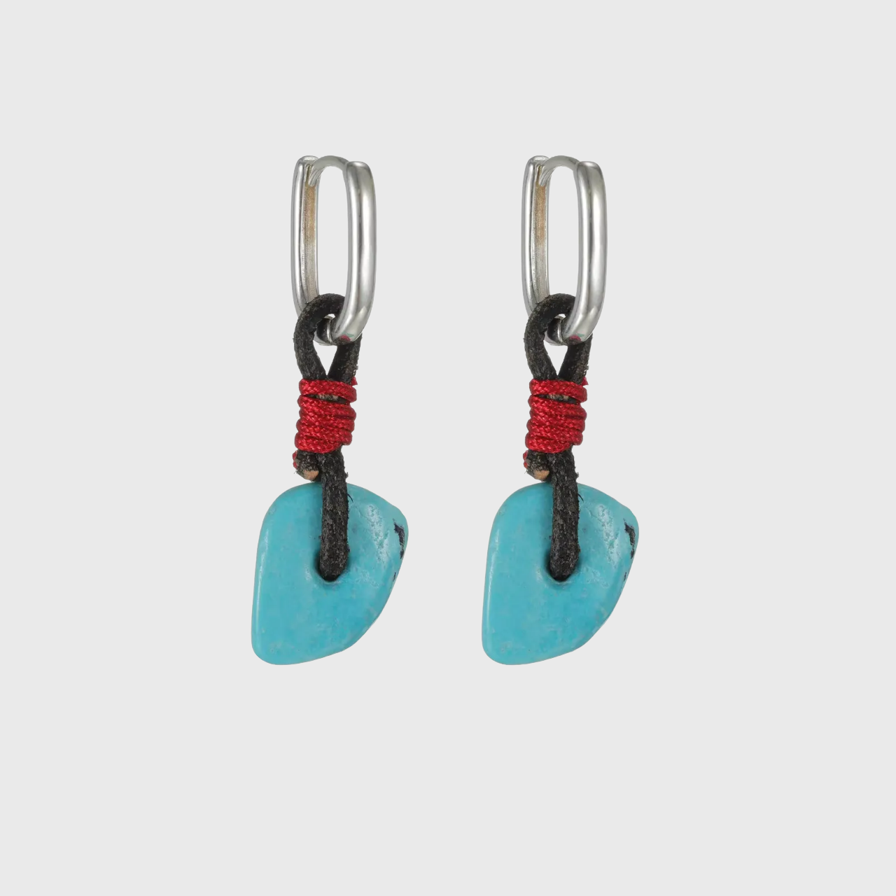 Natural Turquoise Slab Rope Earrings 925 Silver Rectangular Hoop