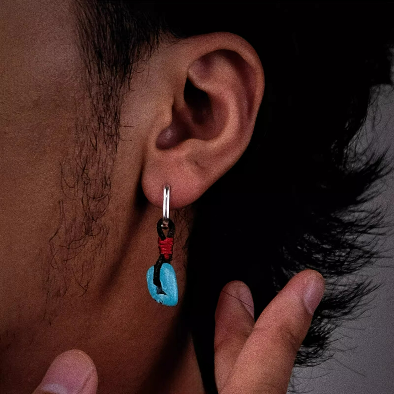 Natural Turquoise Slab Rope Earrings 925 Silver Rectangular Hoop