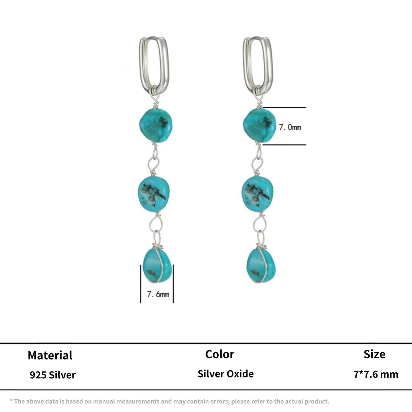 Natural Turquoise Tassel Earrings 925 Silver Boho Ethnic