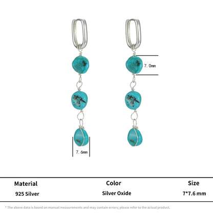 Natural Turquoise Tassel Earrings 925 Silver Boho Ethnic