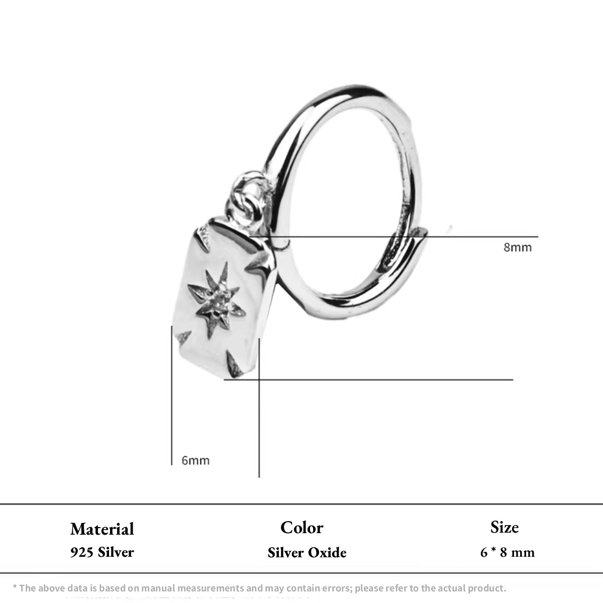 Shiny silver huggie earring with a rectangular North Star charm.