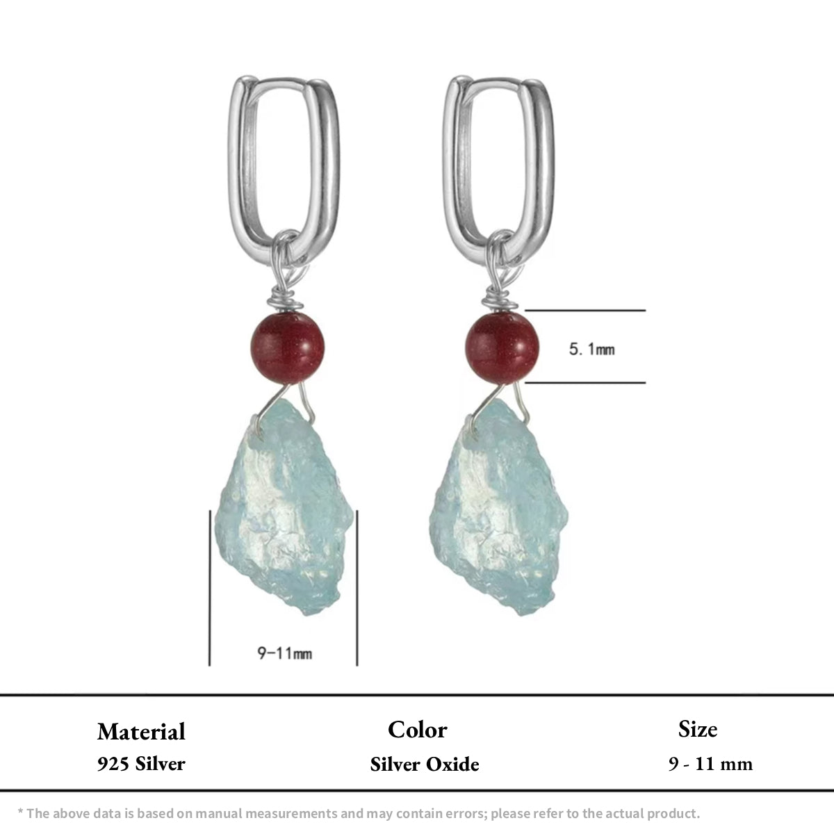 Silver dangle earrings with red beads and raw light blue aquamarine stones.
