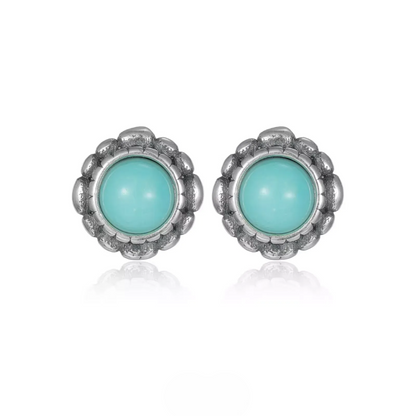 Retro Turquoise Silver Studs Oxidized Beaded Border Unisex Gift
