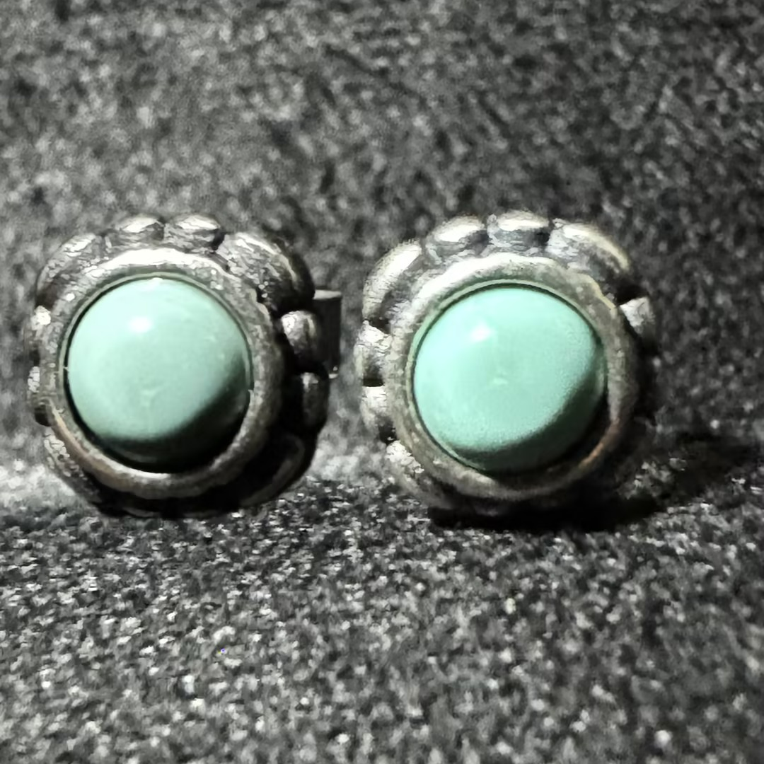 Retro Turquoise Silver Studs Oxidized Beaded Border Unisex Gift