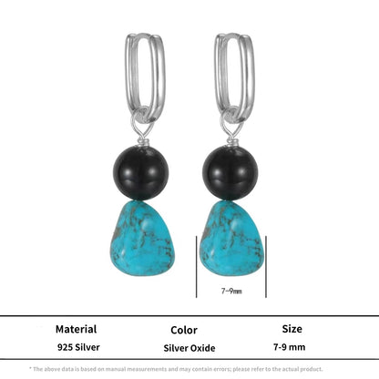 S925 Silver Black Obsidian & Turquoise Drop Earrings Rectangular Hoop