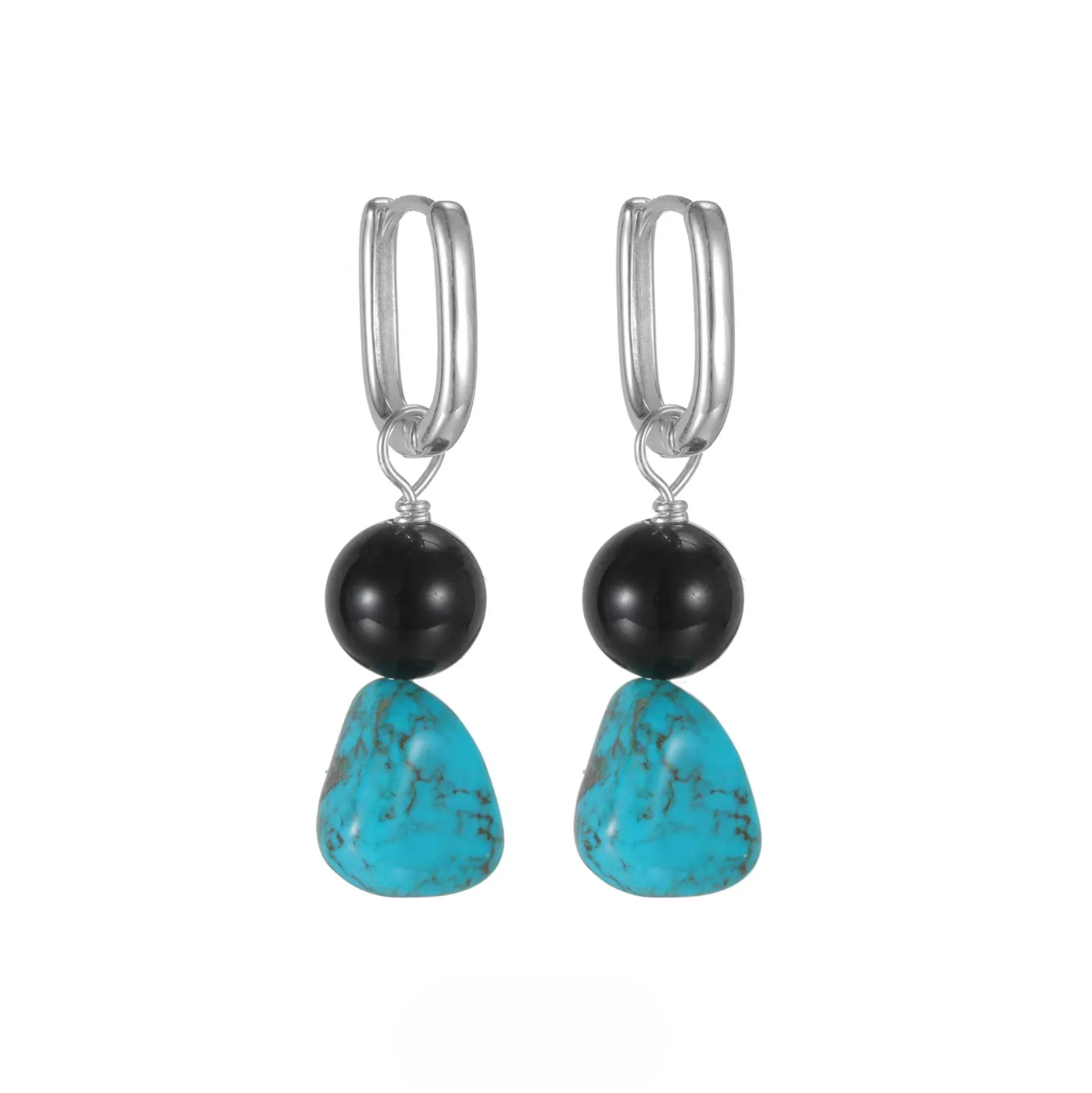 S925 Silver Black Obsidian & Turquoise Drop Earrings Rectangular Hoop