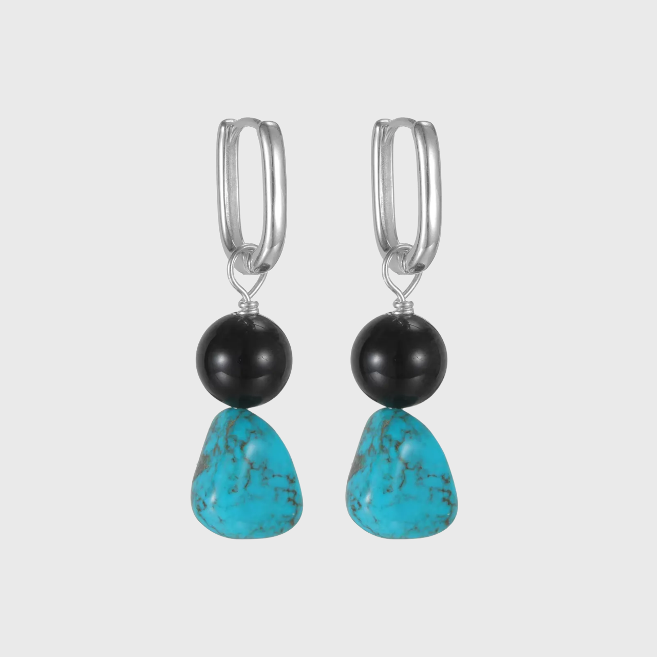 Silver rectangular hoop earrings with black obsidian and turquoise drops.