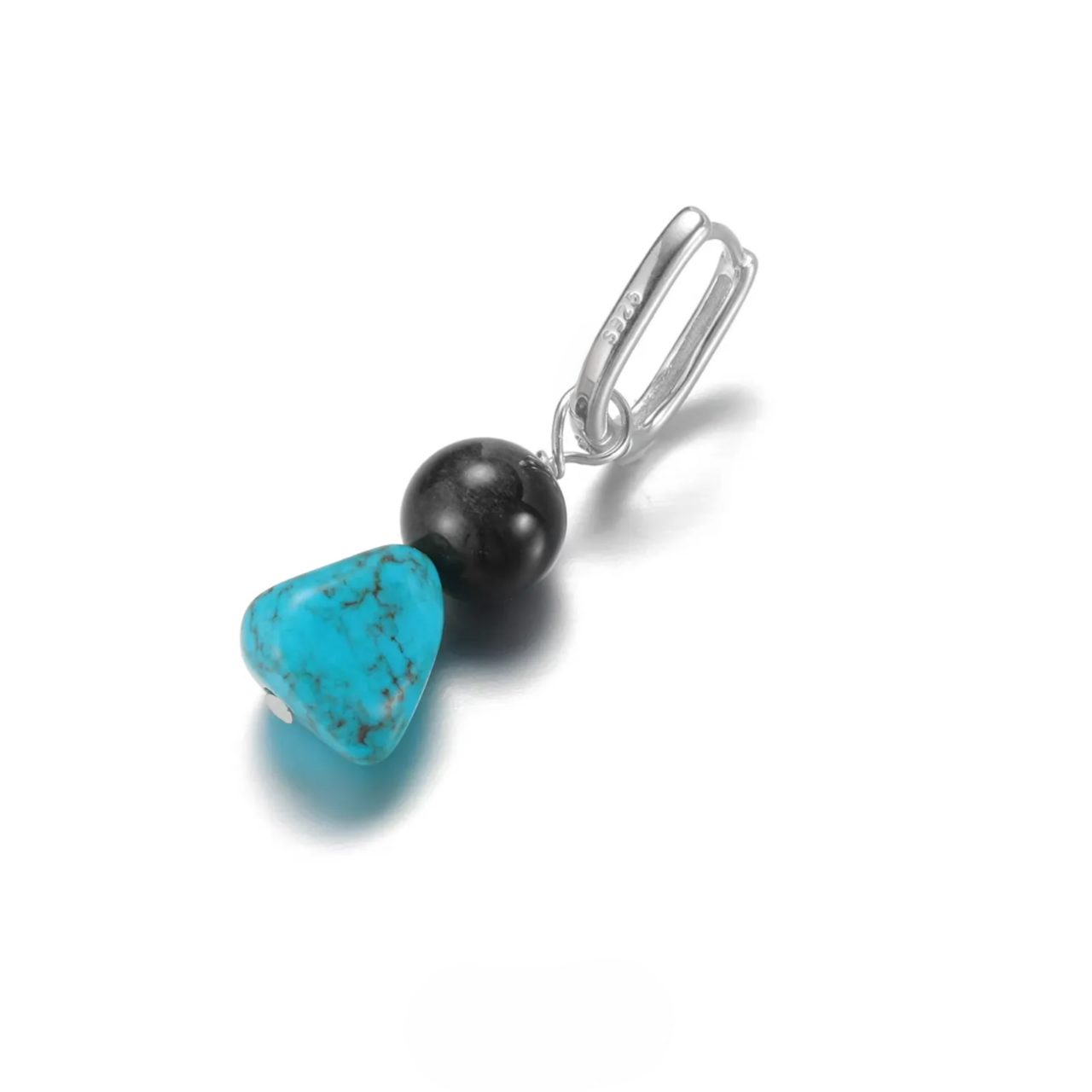 S925 silver rectangular hoop earring with black obsidian and a blue turquoise stone.