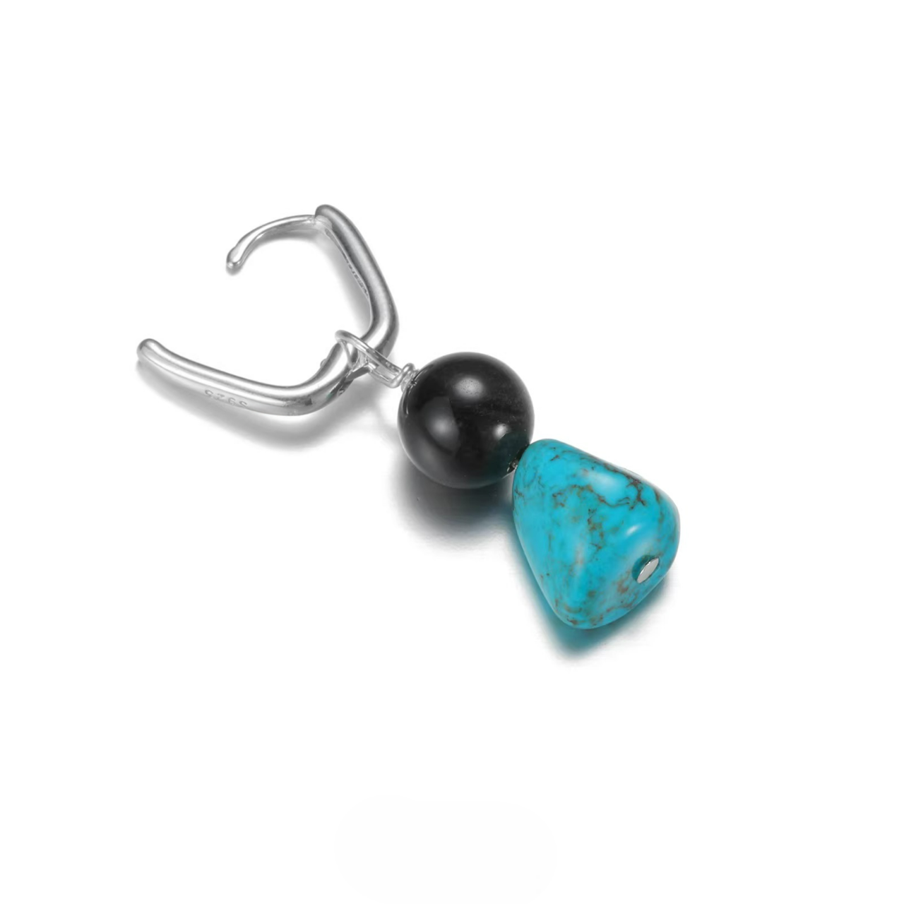 Silver open hoop earring with a black bead and a blue turquoise stone.