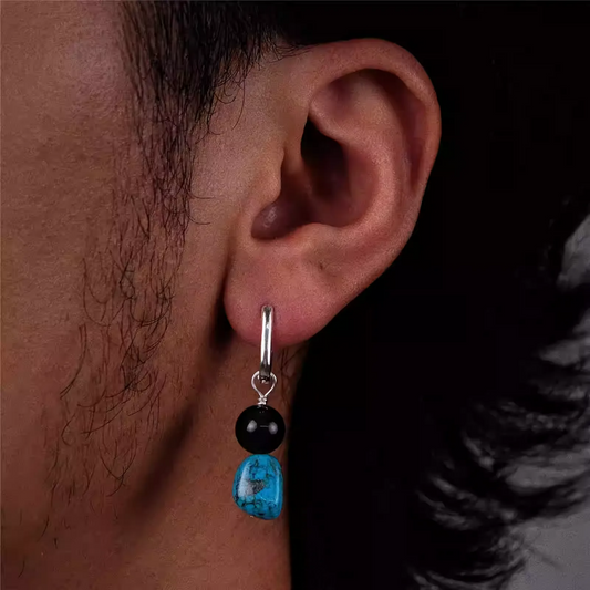 Silver rectangular hoop earring with black obsidian and turquoise drop beads.
