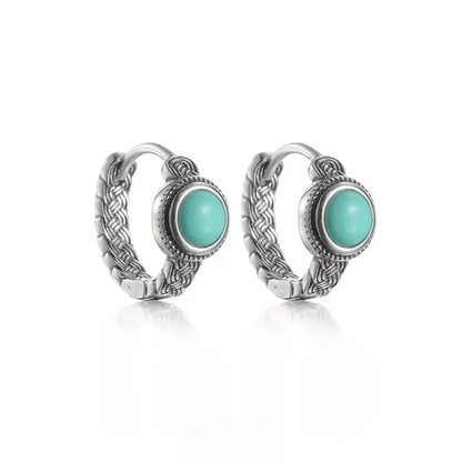 S925 Silver Braided Turquoise Huggie Hoops Vintage Rope Earrings