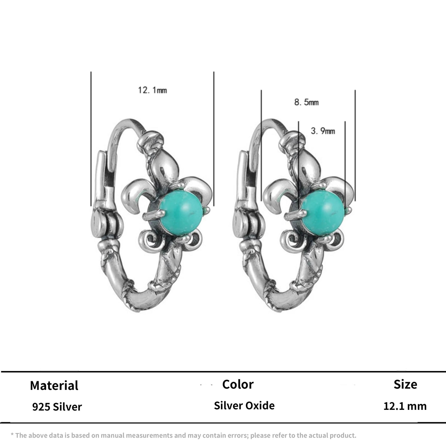 S925 Silver Fleur-de-lis Turquoise Hoops Vintage Men's Huggies