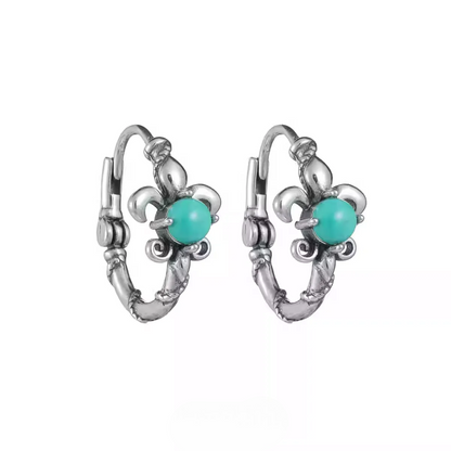 S925 Silver Fleur-de-lis Turquoise Hoops Vintage Men's Huggies