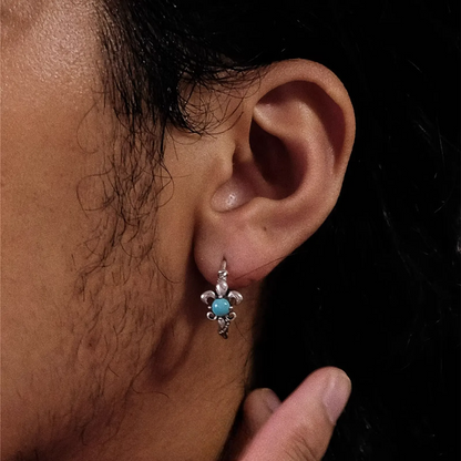 S925 Silver Fleur-de-lis Turquoise Hoops Vintage Men's Huggies