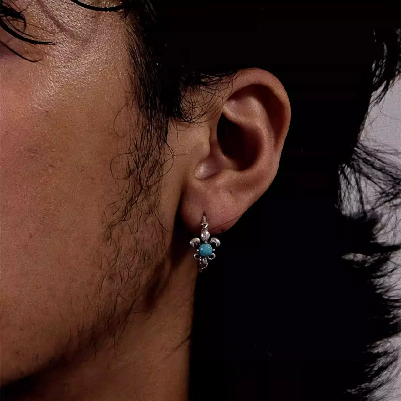 S925 Silver Fleur-de-lis Turquoise Hoops Vintage Men's Huggies
